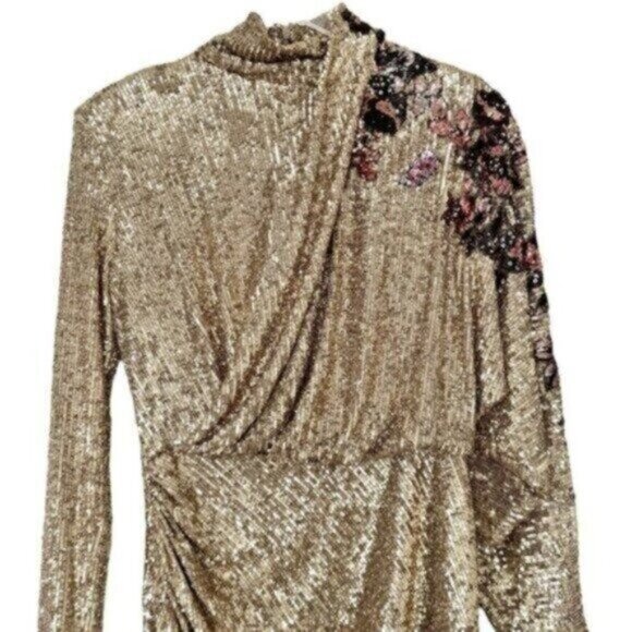 Redemption Runway Gold Sequin Draped Floral Turtleneck Mini Dress Size L - Picture 4 of 16